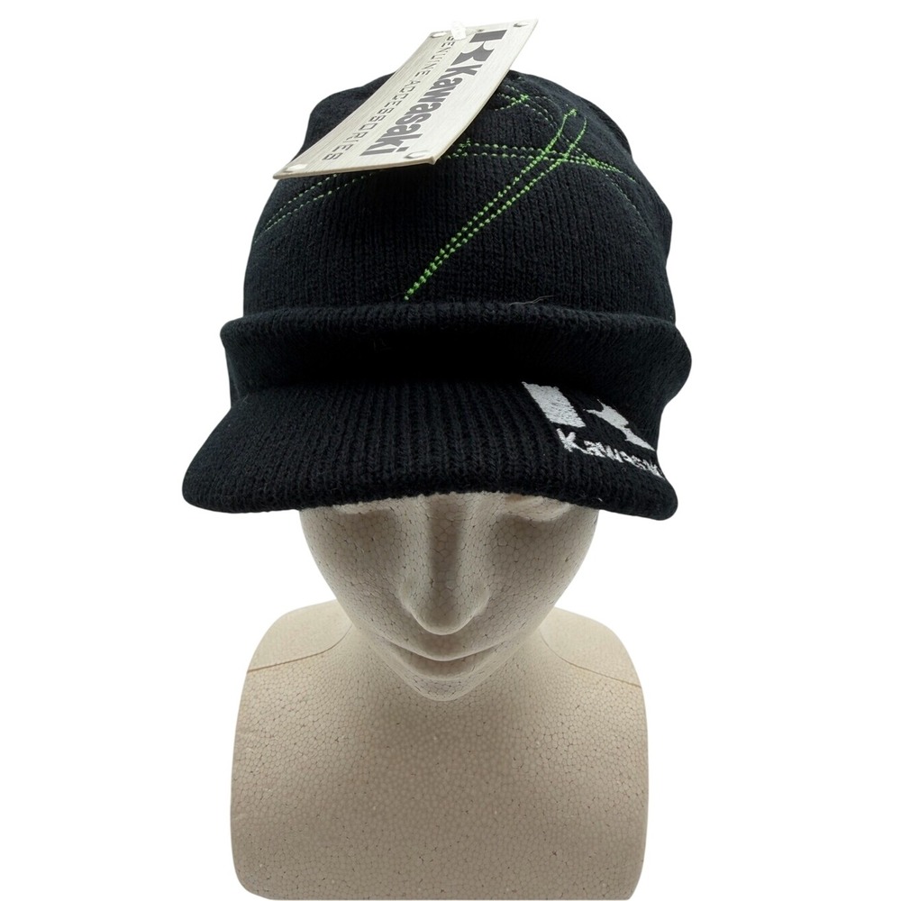 Kawasaki Y2K Black Knit Visor Beanie Green Stitch Detail - OS